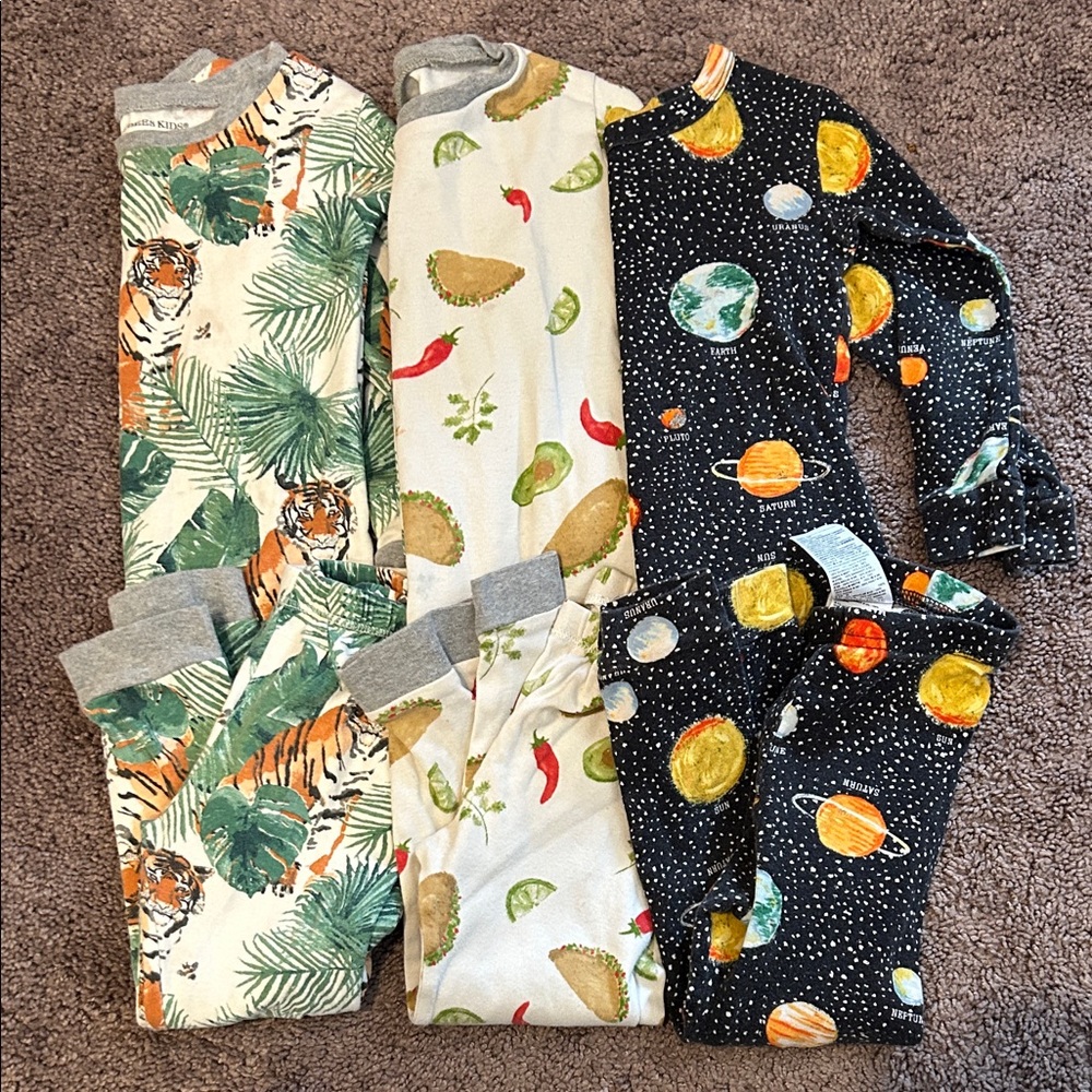 Burt's Bees Kids 3-Pack Pajama Sets - Tiger Jungle, Taco, Space Prints